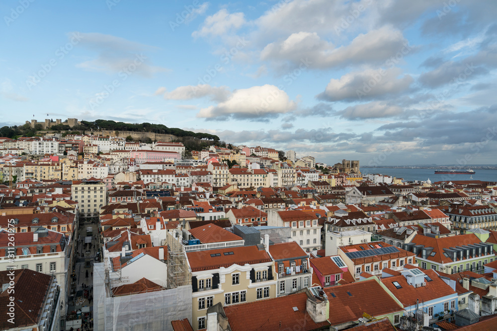 Aerial view of the roofs of Alfama district  in Lisbon, Portugal
