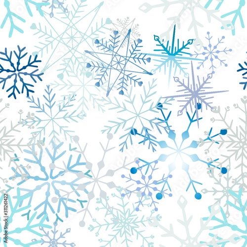 Celebrate freezing snowflakes background. Christmas print fabric wonderful wrapping surface pattern design. Blue snowflakes on light background.