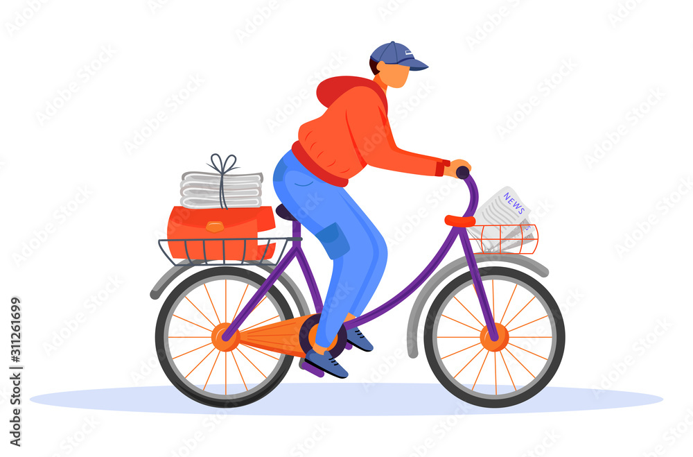 Post office male worker flat color vector illustration. Young man  distributes news. Post service delivery. Daily newspaper carrier. Paperboy  on bicycle isolated cartoon character on white background Stock-vektor |  Adobe Stock