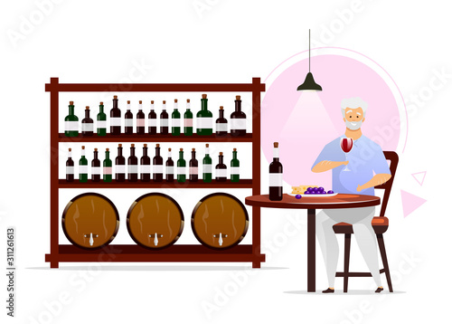 Man in wine cellar flat color vector illustration. Winemaking, vinification. Winemaker with glassful. Bottles and barrels on shelves. Winery storage room. Isolated cartoon character on white
