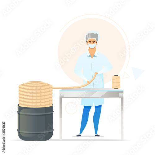 Knitting yarn production process flat color vector illustration. Male worker in laboratory. Manufacturing facility. Ropemaking. Factory employee. Isolated cartoon character on white background