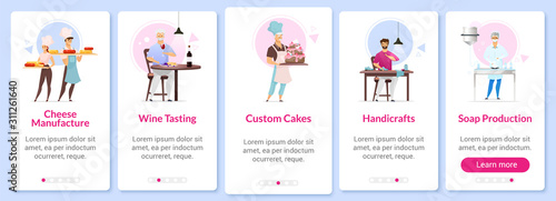 Manufacturing onboarding mobile app screen vector template. Cheesemaking, wine tasting. Custom cakes. Walkthrough website steps with flat characters. UX, UI, GUI smartphone cartoon interface concept