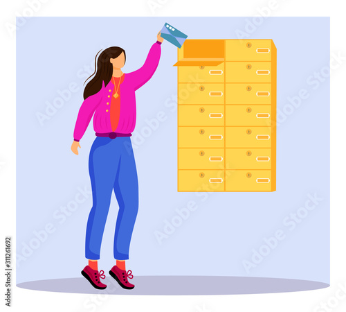 Woman receives letter flat color vector illustration. Getting post from mailbox. Delivery services. Taking card from personal postbox isolated cartoon character on blue background