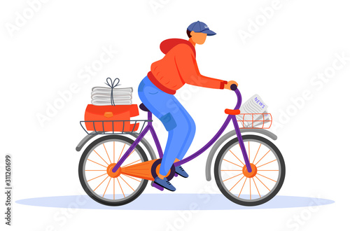 Post office male worker flat color vector illustration. Young man distributes news. Post service delivery. Daily newspaper carrier. Paperboy on bicycle isolated cartoon character on white background