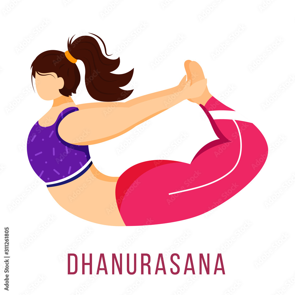 Dhanurasana flat vector illustration. Bow pose. Caucausian woman performing yoga posture in pink and purple sportswear. Workout. Physical exercise. Isolated cartoon character on white background Dhanurasana flat vector illustration. Bow pose. Caucausian woman performing yoga posture in pink and purple sportswear. Workout. Physical exercise. Isolated cartoon character on white background