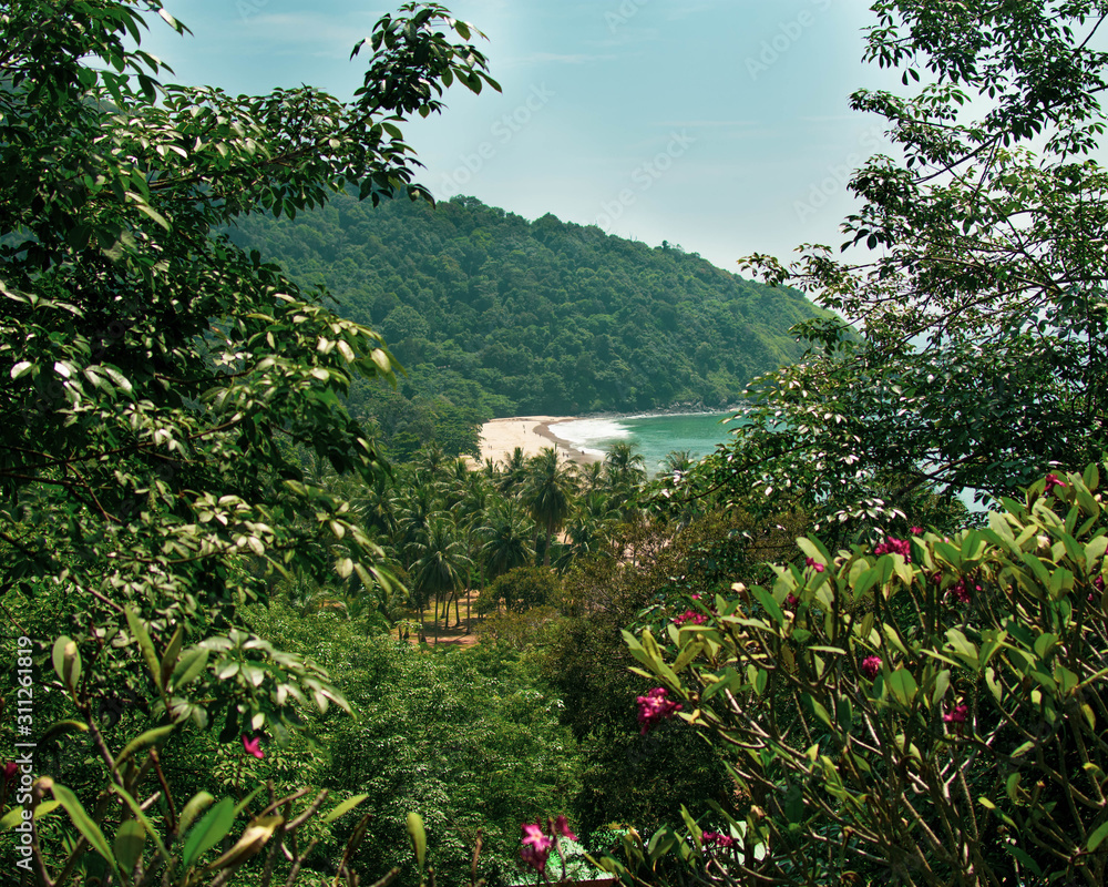 View through trees and bushes to a tropical beach in thailand