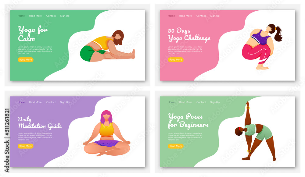 Yoga and meditation poses landing page vector template set. Stretch exercises. Bodypositive website interface idea with flat illustrations. Homepage layout, web banner, webpage cartoon concept