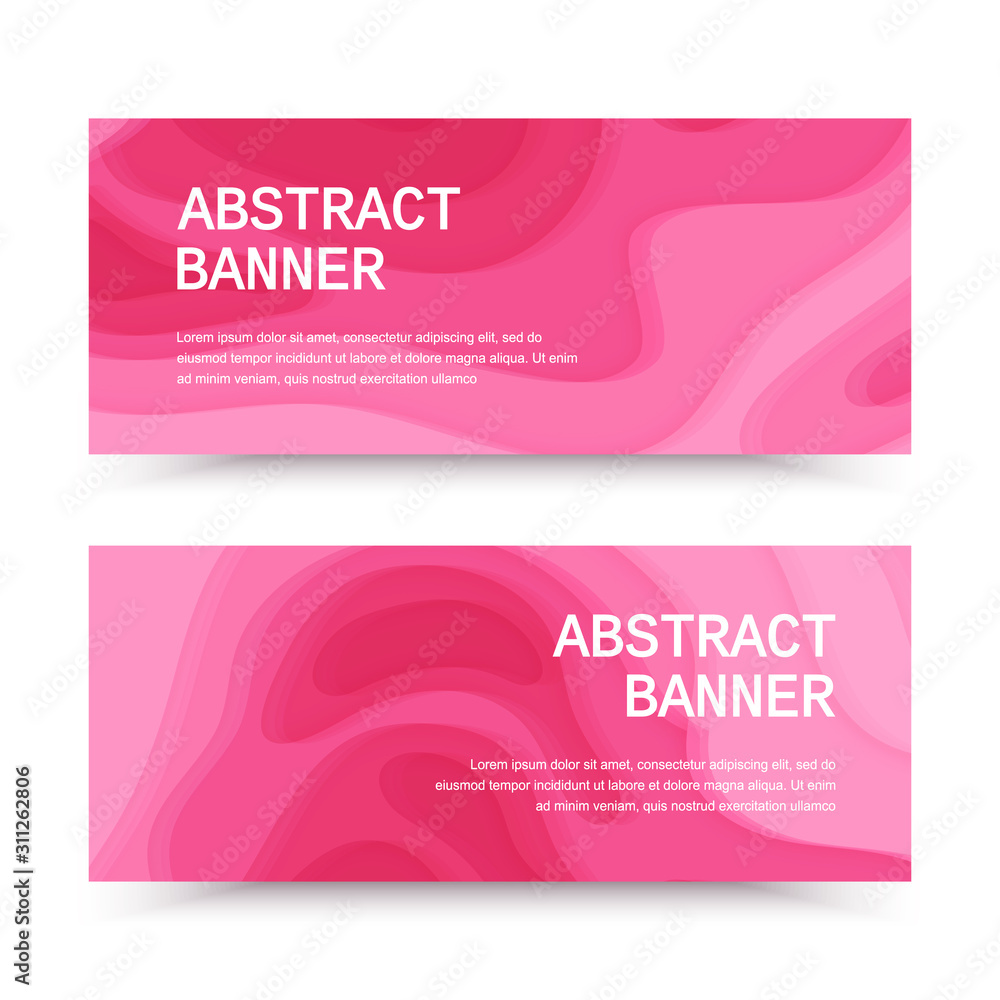 Horizontal banners with 3D abstract pink background with paper cut shapes. Layout for business presentations, flyers, posters and invitations. Colorful carving art, Vector Eps 10 design