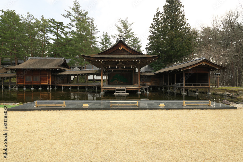 Obraz premium Yamanashi,Japan-December 22, 2019: Open Air Noh Stage, the stage for the performance of Nohgaku--the Japanese traditional art. 
