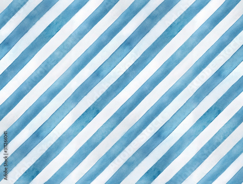 Festive seamless pattern of blue and white diagonal lines. Hand painted watercolour illustration. Beautiful background for design decoration, wrapping paper, cover, textile, fabric, web site, poster.