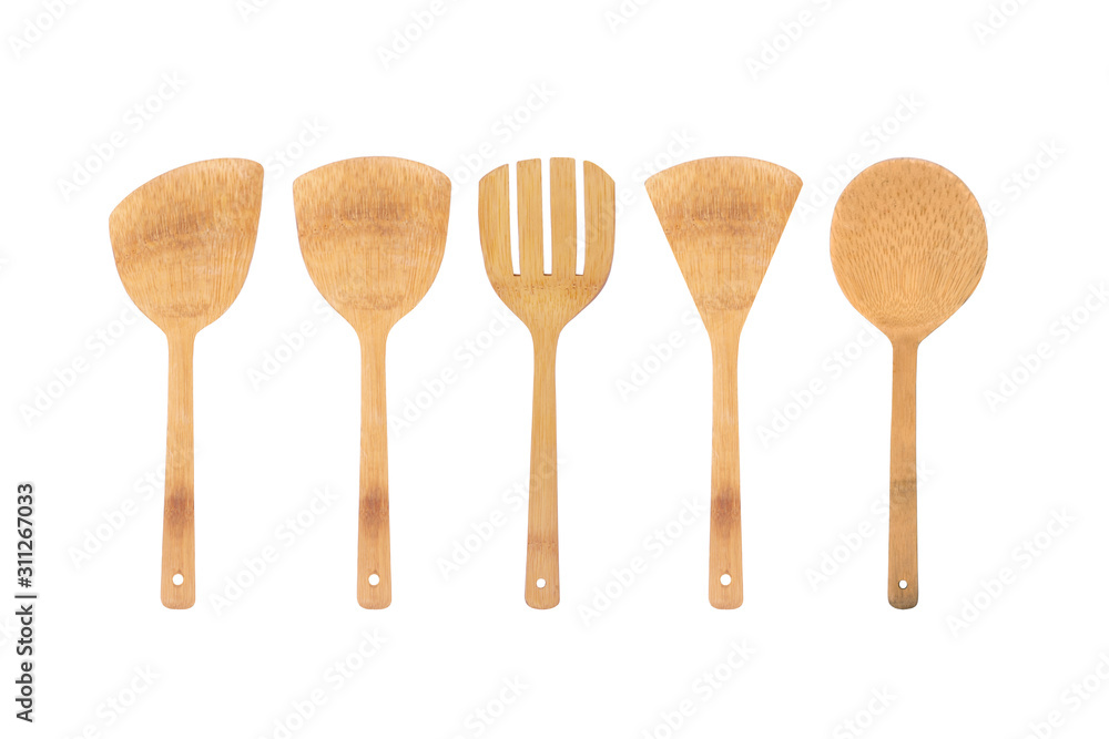 Set of Bamboo kitchen tool isolated on white background. Bamboo spatula.Top view Set of Bamboo kitchen tool isolated on white background. Bamboo spatula.Top view