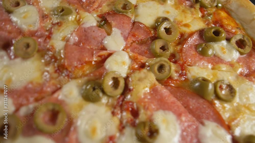 Slow motion close up tasty pizza Slow motion close up tasty pizza