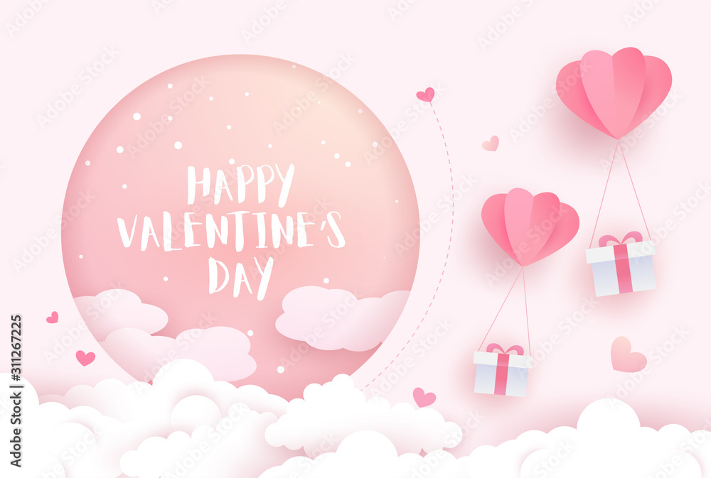 Happy Valentine's Day card. Lovely valentine heart balloon, clouds and elements. Paper art design.