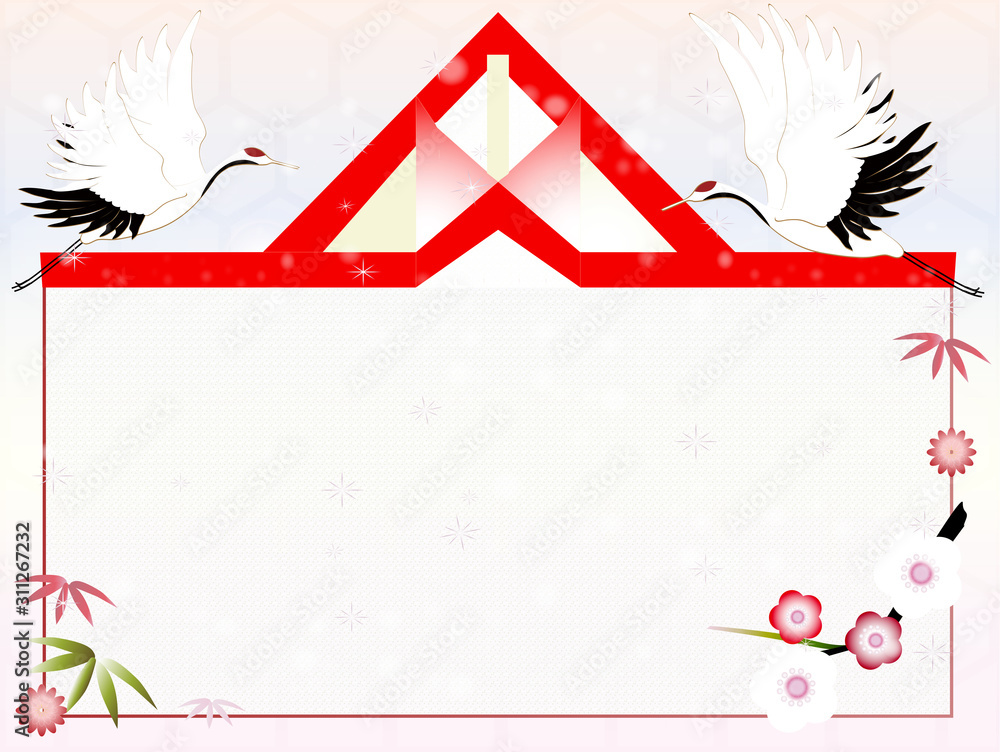 鶴と松竹梅のお祝いイラストメッセージボード薄い色背景素材 Stock Illustration Adobe Stock