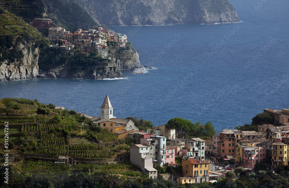Corniglia (front)  and Manarola (back) are two small towns in the Cinque Terre, Italy