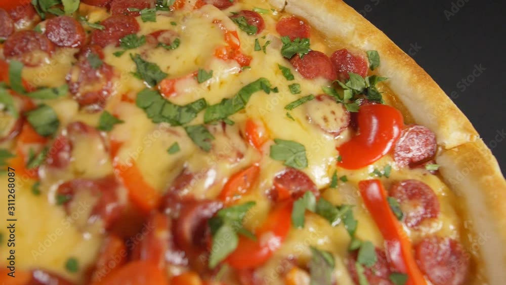 Slow motion close up tasty pizza