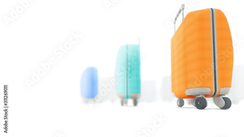 suitcases on wheels with automobile tires of different colors, fragment, 3D render, travel, tourism, road