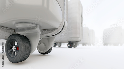 suitcases on wheels with automobile tires monohrome, fragment, 3D render, travel, tourism, road