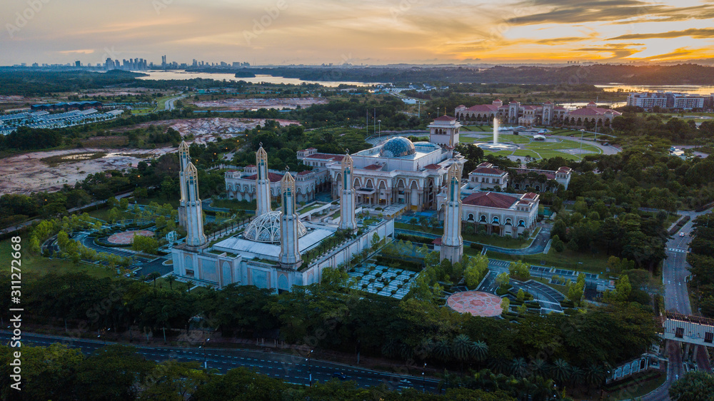 Aerial landscape of sunrise at The Kota Iskandar Mosque at Iskandar Puteri, Johor State  Malaysia early in the morning