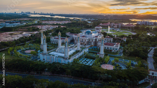 Aerial landscape of sunrise at The Kota Iskandar Mosque at Iskandar Puteri, Johor State Malaysia early in the morning