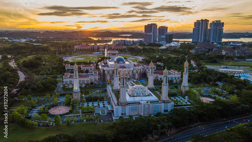 Aerial landscape of sunrise at The Kota Iskandar Mosque at Iskandar Puteri, Johor State Malaysia early in the morning