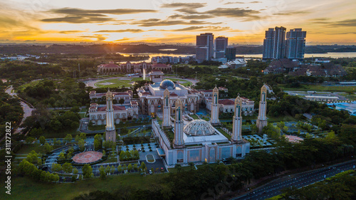 Beautiful aerial landscape during sunrise at The Kota Iskandar Mosque located at Kota Iskandar, Iskandar Puteri, Johor State Malaysia early in the morning © Mhilmi Osman