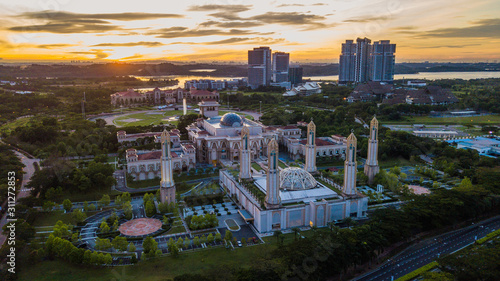Aerial landscape of sunrise at The Kota Iskandar Mosque at Iskandar Puteri, Johor State Malaysia early in the morning © Mhilmi Osman