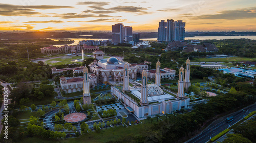 Beautiful aerial landscape during sunrise at The Kota Iskandar Mosque located at Kota Iskandar, Iskandar Puteri, Johor State  Malaysia early in the morning