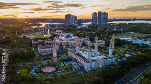 Beautiful aerial landscape during sunrise at The Kota Iskandar Mosque located at Kota Iskandar, Iskandar Puteri, Johor State Malaysia early in the morning