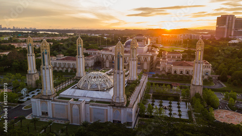 Aerial landscape of sunrise at The Kota Iskandar Mosque at Iskandar Puteri, Johor State  Malaysia early in the morning