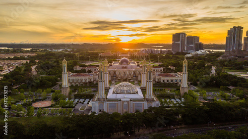 Beautiful aerial landscape of sunrise at The Kota Iskandar Mosque located at Kota Iskandar, Iskandar Puteri, Johor State  Malaysia early in the morning photo