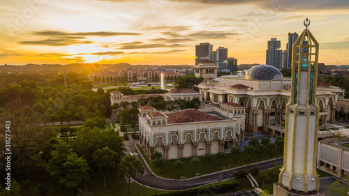 Aerial view landscape of sunrise at The Kota Iskandar Mosque located at Kota Iskandar, Iskandar Puteri, Johor State  Malaysia early in the morning