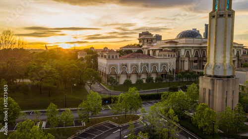 Magnificent aerial view of sunrise at The Kota Iskandar Mosque located at Kota Iskandar, Iskandar Puteri, Johor State Malaysia early in the morning