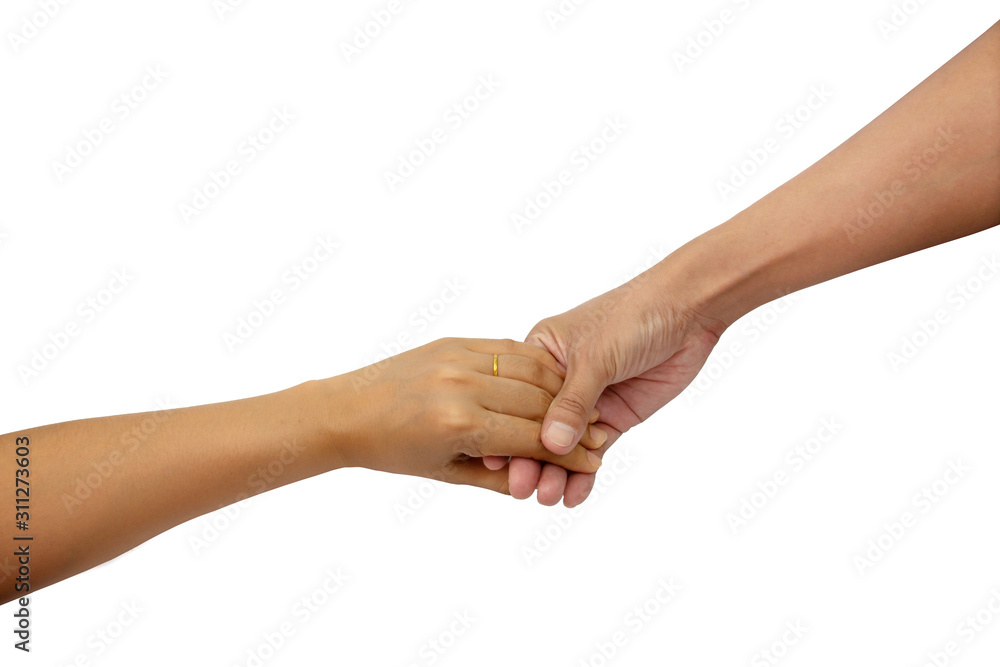 Man's hand gently holding woman's hand isolated on white background