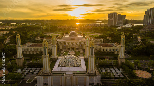 Beautiful aerial view of sunrise at The Kota Iskandar Mosque located at Kota Iskandar  Iskandar Puteri  Johor State  Malaysia early in the morning