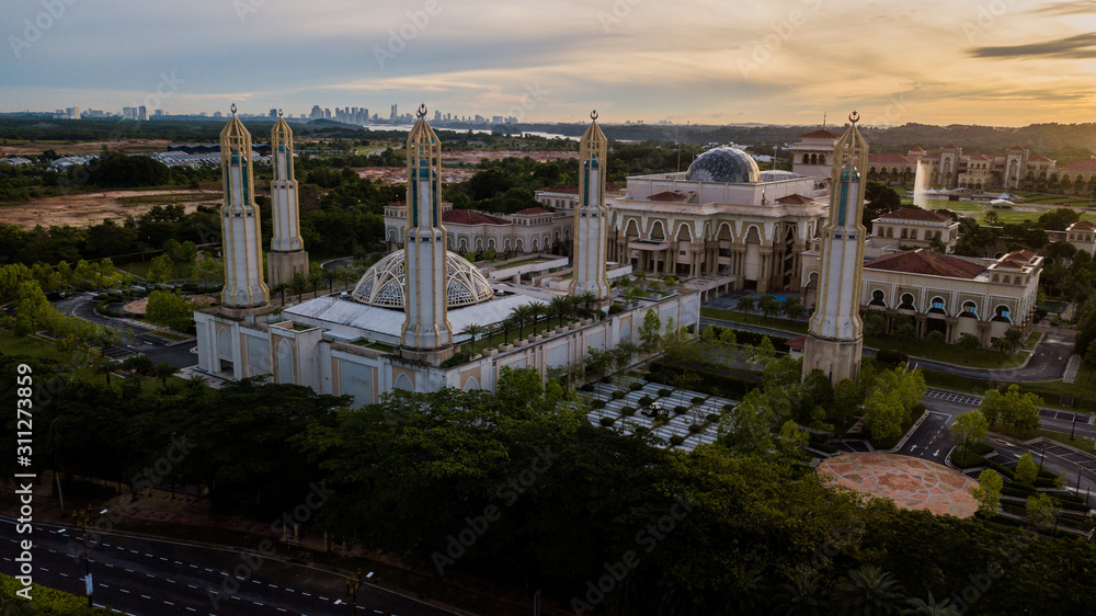 Beautiful Landscape at The Kota Iskandar Mosque located at Kota Iskandar, Iskandar Puteri, Johor State  Malaysia early in the morning