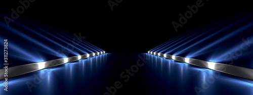 Lamps along an empty smooth track , beautiful reflections on sloping walls. 3d rendering image.