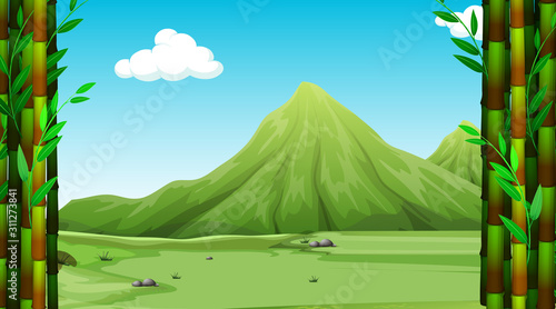 Background scene with green mountains and field