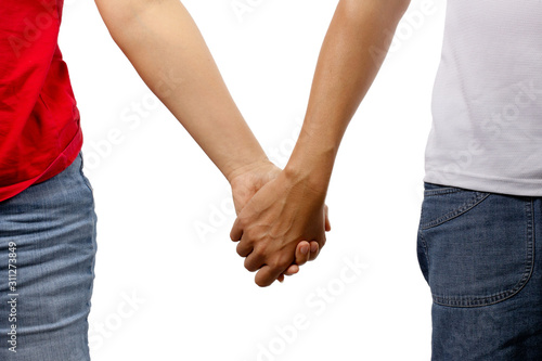 Men and women walk hand in hand isolated on white background