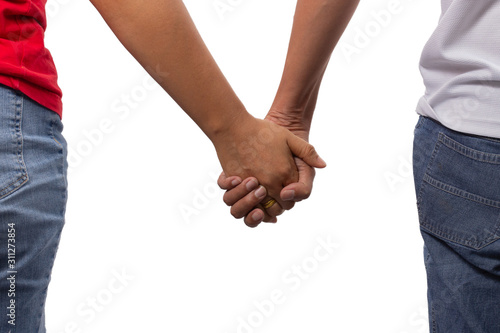 The couple standing back, holding hands isolated on white background.