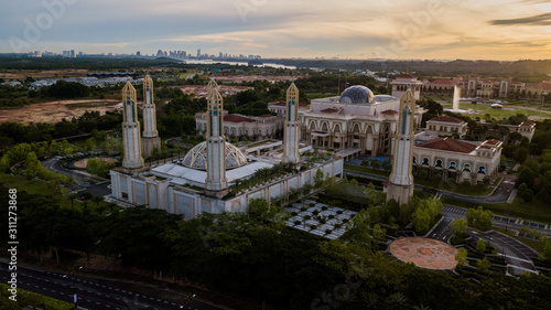 Aerial landscape of sunrise at The Kota Iskandar Mosque at Iskandar Puteri, Johor State  Malaysia early in the morning