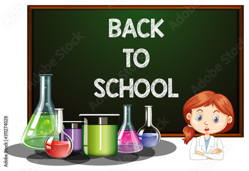 Back to school sign with girl in science gown