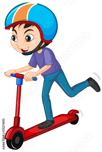 Boy playing scooter on isolated background