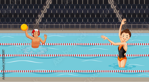 Scene with people doing water sport in the pool