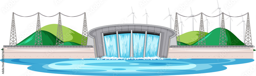 Fototapeta premium Scene with water dam with wind turbines on the hills