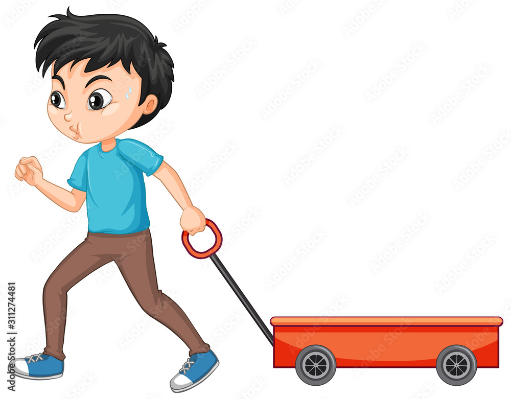 Boy pulling wagon on isolated background Boy pulling wagon on isolated background