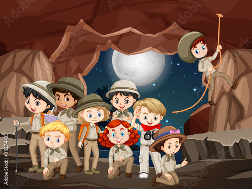 Scene with many kids in the cave at night