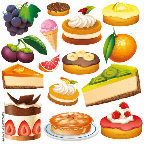 Set of isolated fruits and desserts
