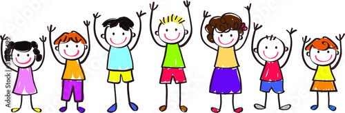 group of smiling children raising their hands