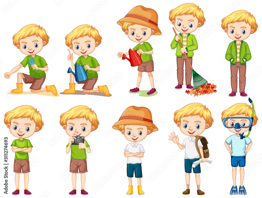 Boy doing different activities on isolated background